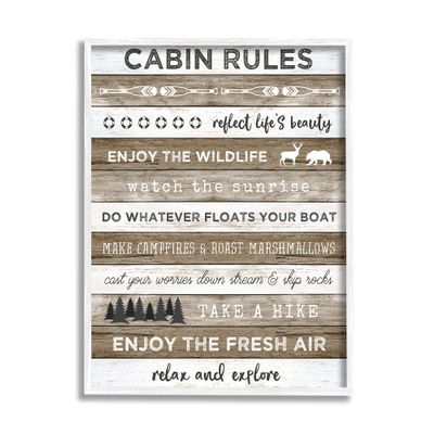Stupell Industries Cabin Rules Motivational List Rustic Forest Plank Pattern, Designed by Natalie Carpentieri White Framed Wall Art, 16 x 20, Brown