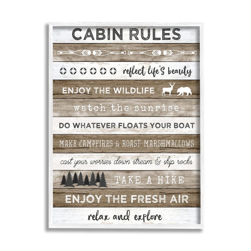 Stupell Industries Cabin Rules Motivational List Rustic Forest Plank Pattern, Designed by Natalie Carpentieri White Framed Wall Art, 16 x 20, Brown
