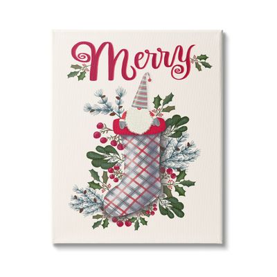 Stupell Industries Merry Sentiment Christmas Gnome in Plaid Holly Stocking