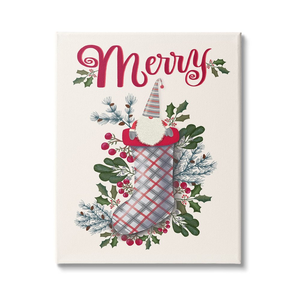 Stupell Industries Merry Sentiment Christmas Gnome in Plaid Holly Stocking
