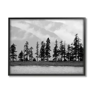 Stupell Industries Empty Pine Tree Forest Coast Line Misty Mountains, Designed by Savanah Plank Black Framed Wall Art, 20 x 16