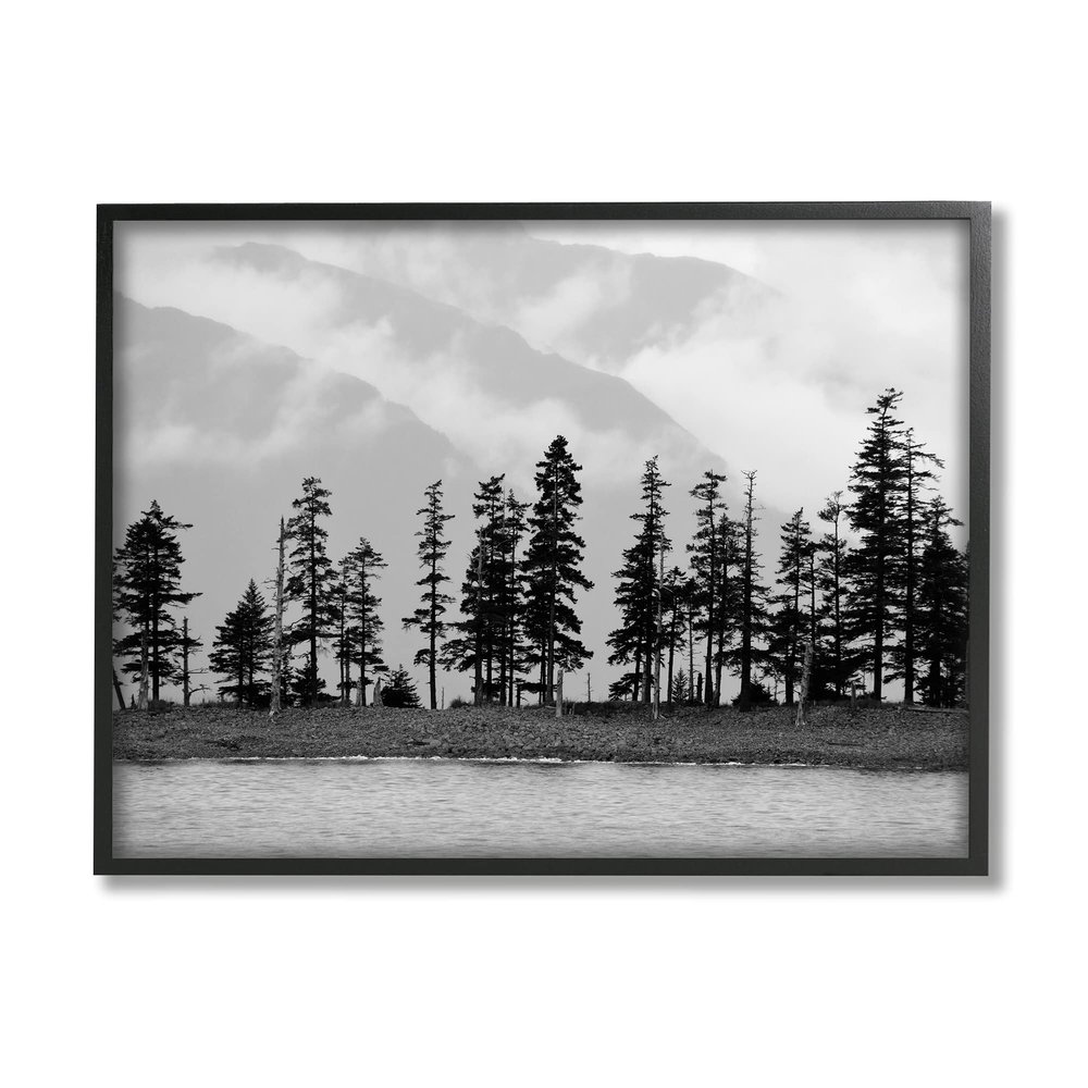 Stupell Industries Empty Pine Tree Forest Coast Line Misty Mountains, Designed by Savanah Plank Black Framed Wall Art, 20 x 16