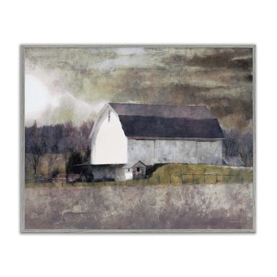 Stupell Industries Stormy Sky Country Farm Murky Field Landscape, Designed by Bluebird Barn Gray Framed Wall Art, 20 x 16, Brown