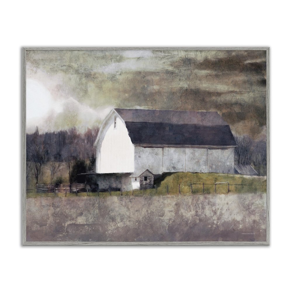 Stupell Industries Stormy Sky Country Farm Murky Field Landscape, Designed by Bluebird Barn Gray Framed Wall Art, 20 x 16, Brown