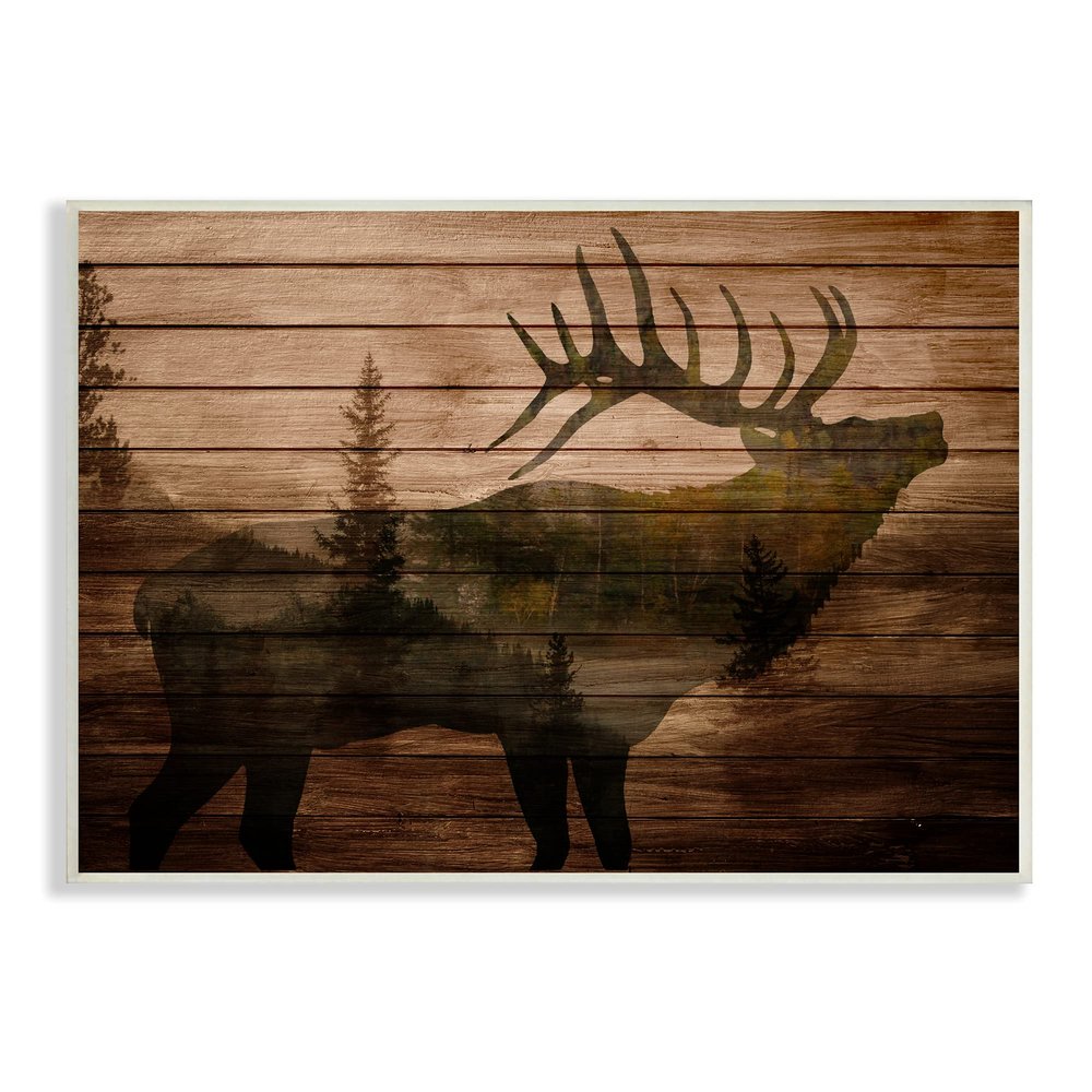 Stupell Industries Forest Elk Silhouette Rustic Plank Pattern Tree Landscape
