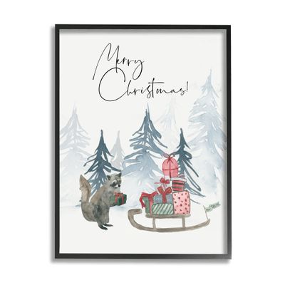Stupell Industries Merry Christmas Phrase Adorable Racoon Forest Present Sleigh