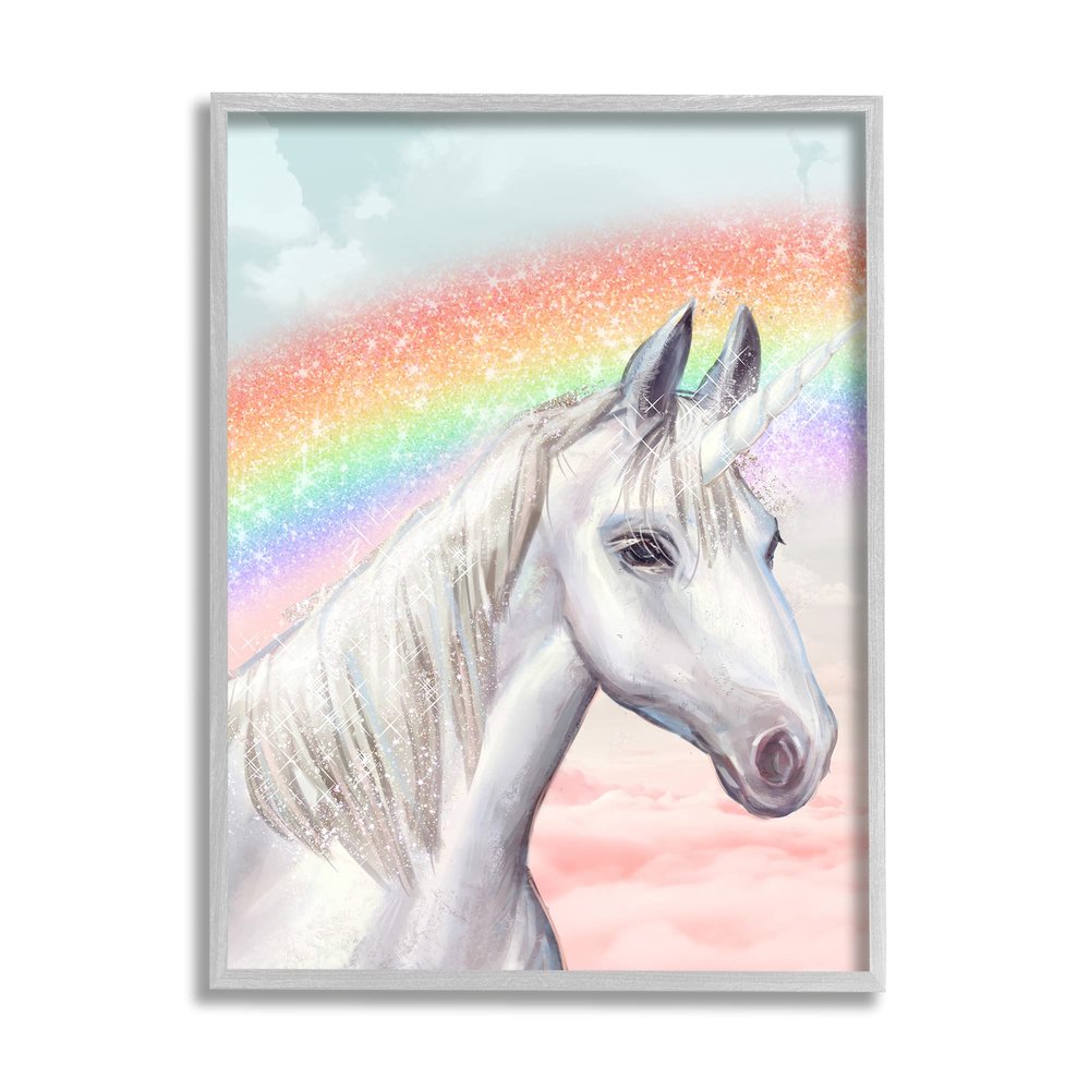 Stupell Industries White Unicorn Under Sparkle Rainbow Cloudy Sky