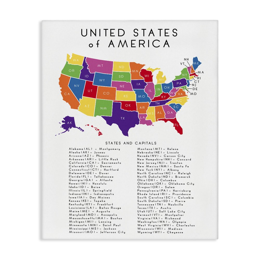 Stupell Industries 'USA Map State Abbreviations and Capitals Playful Tones', Canvas Art, 16 x 20 Inches, Easy to Hang and Sturdy, Made in USA, by Anna Quach