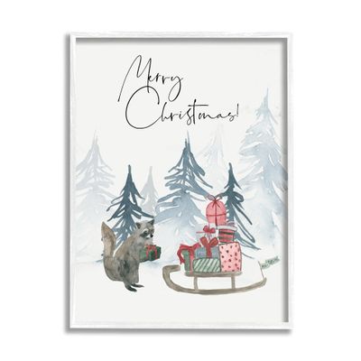 Stupell Industries Merry Christmas Phrase Adorable Racoon Forest Present Sleigh