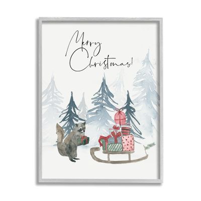 Stupell Industries Merry Christmas Phrase Adorable Racoon Forest Present Sleigh