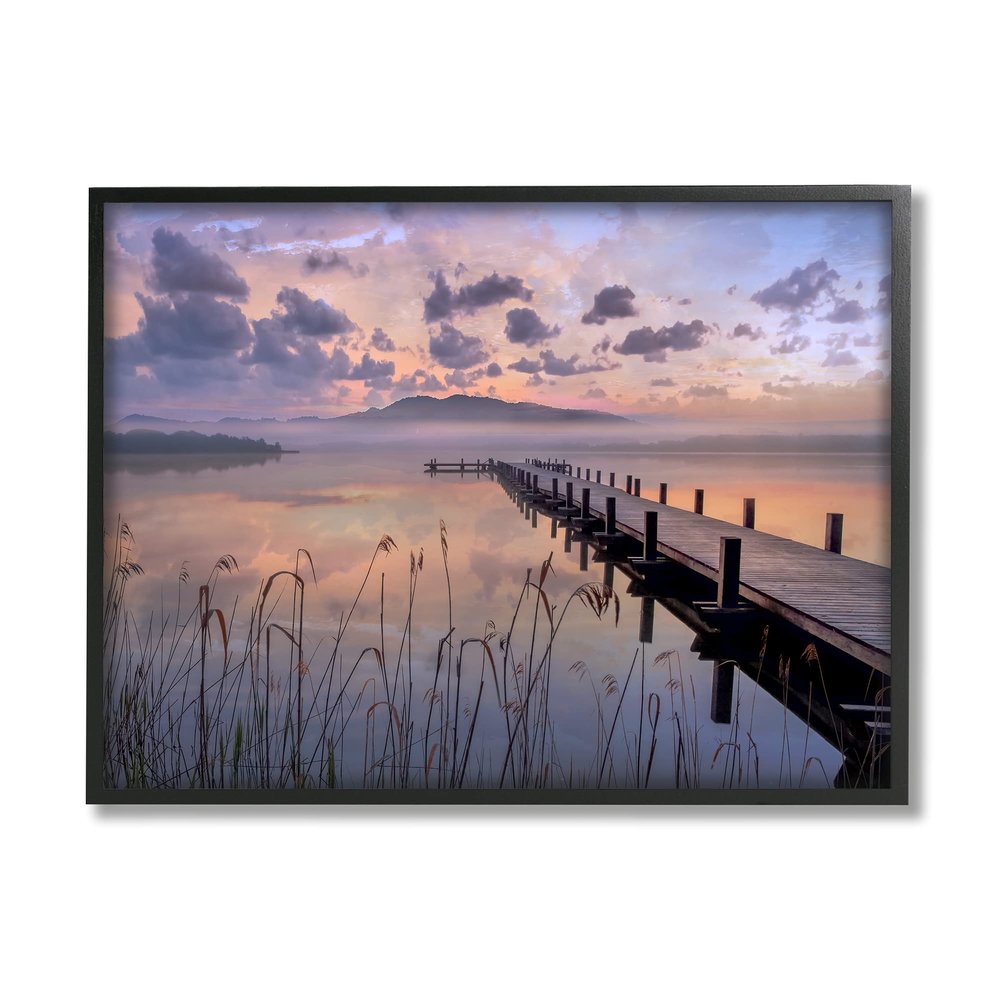Stupell Industries Misty Lake Dock Landscape Summer Sunset Tall Grass