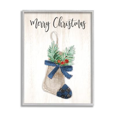 Stupell Industries Merry Christmas Phrase Rustic Blue Plaid Holiday Stocking