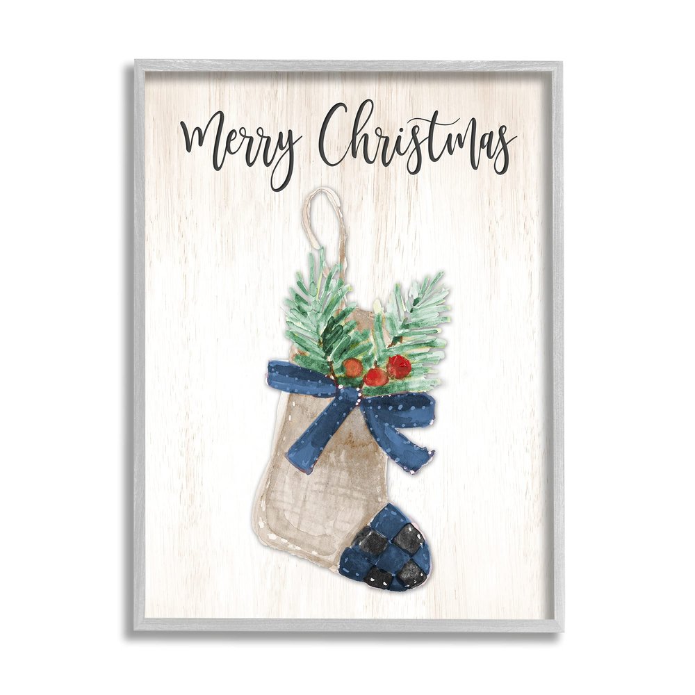 Stupell Industries Merry Christmas Phrase Rustic Blue Plaid Holiday Stocking