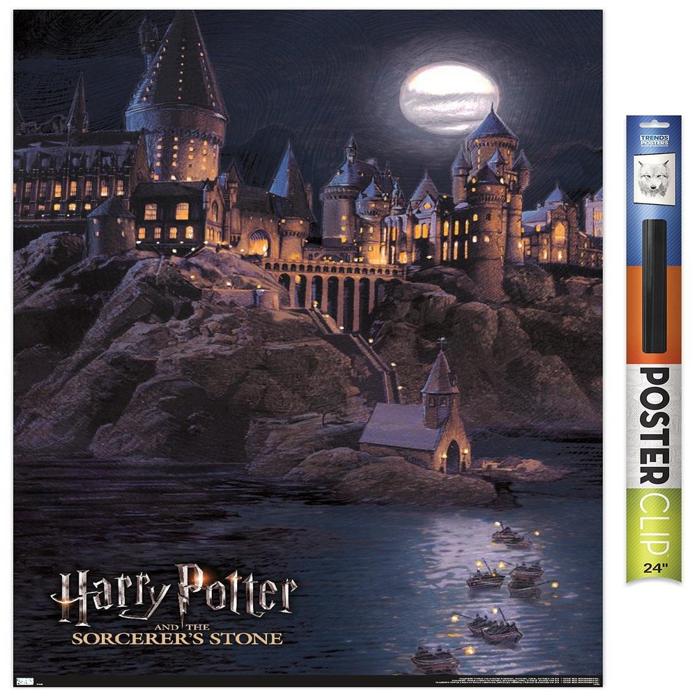 Harry Potter And The Sorcerer'S Stone - Hogwarts At Night Wall Poster, 34L" x 22.4W", Premium Poster & Clip Bundle