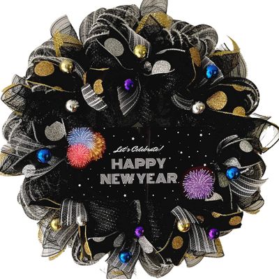 Lets Celebrate Happy New Year Handmade Deco Mesh Wreath. Available in 24 inch and 28 inch diameters.