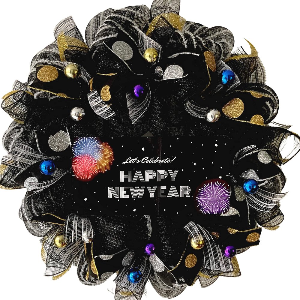 Lets Celebrate Happy New Year Handmade Deco Mesh Wreath. Available in 24 inch and 28 inch diameters.