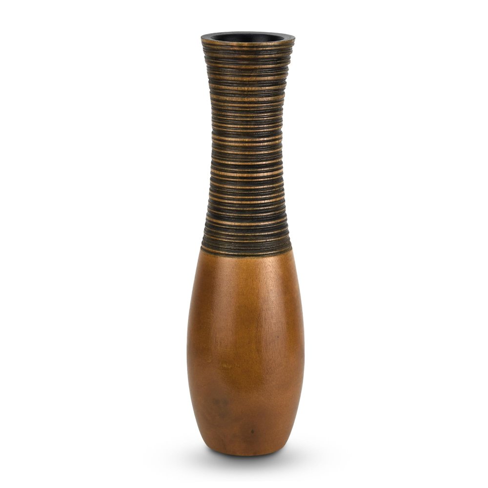 AeraVida Boho Carved Stripes Brown Mango Tree Wood Vase, 14-inch