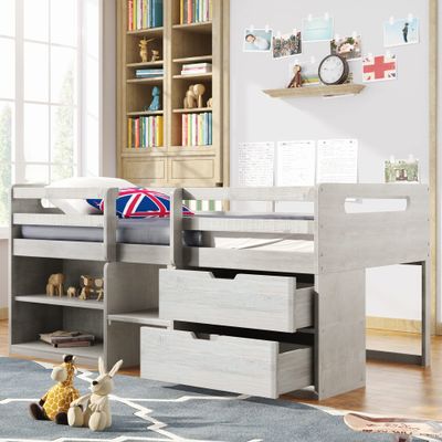 Twin Size Loft Bed for Kids, Wooden Low Loft Bed Frame with 2 Shelves and 2 Drawers (White-Loft Bed)
