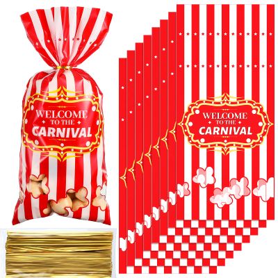 Epakh 100 Packs Carnival Candy Bags Circus-themed Plastic Party Treat Bags with Popcorn Pattern and Gold Twisted Ties for Carnival Birthday Party Favors, Cookies, and Cupcakes (Simple)