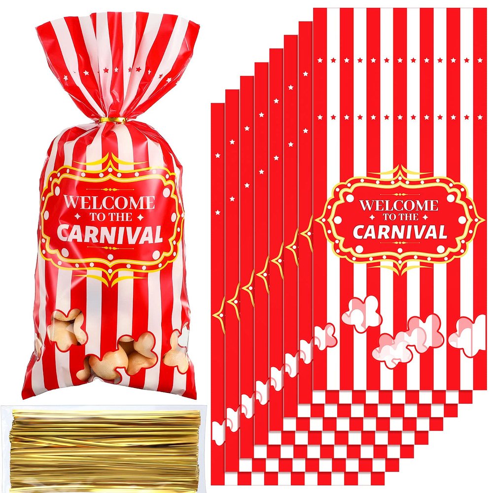 Epakh 100 Packs Carnival Candy Bags Circus-themed Plastic Party Treat Bags with Popcorn Pattern and Gold Twisted Ties for Carnival Birthday Party Favors, Cookies, and Cupcakes (Simple)