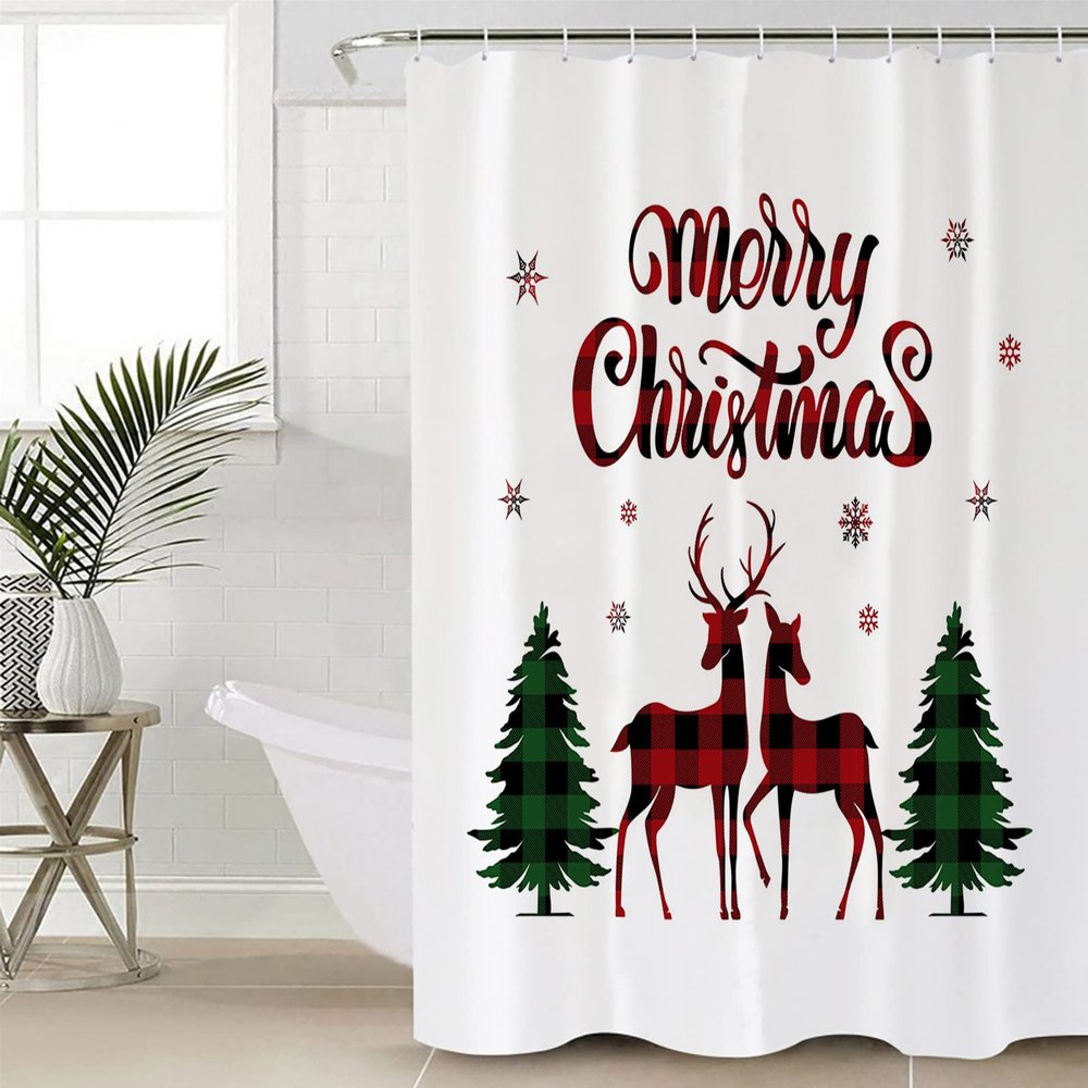 Christmas Red Black Buffalo Plaid Shower Curtain Christmas Reindeer Shower Curtains,Waterproof Polyester Fabric Bath Curtains with Hooks, Farmhouse Bathroom Decor 72x72in
