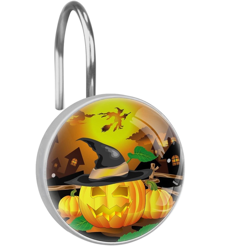 LORVIES Smiling Pumpkin in Hat Shower Curtain Hooks Set of 12, Stainless Steel Shower Hooks Decorative Hanger Rings Rust Resistant for Bathroom Kids Room Fashion Home Decor
