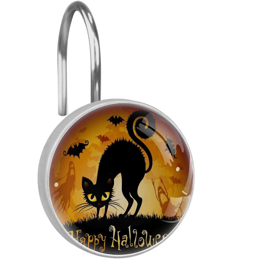 LORVIES Halloween Moon Scared Cat Shower Curtain Hooks Set of 12, Stainless Steel Shower Hooks Decorative Hanger Rings Rust Resistant for Bathroom Kids Room Fashion Home Decor