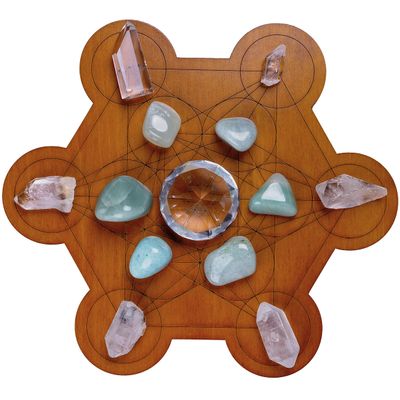 Curawood Crystal Grid Board for Stones - 10" Diameter Metatron's Cube Sacred Geometry Board - Amplify the Power of Your Crystals - Chakra Grid Plate, Altar Decor - Cubo de Metatron