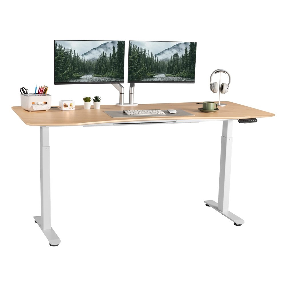 FinerCrafts Electric Standing Desk 71 x 32 Inches Dual-Motor Height Adjustable Desk Electric Sit Stand Desk Home Office Desks (71 Natural Maple Ergonomic/White Frame)