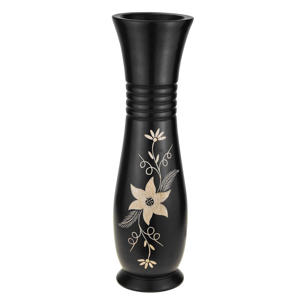 AeraVida Elegant Graceful Hand Carved Jasmine Flower Black 14-inch Beauty and Sweet Mango Tree Wood Vase | Wooden Flower Vase | Wood Vases for Flowers