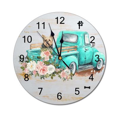 ArogGeld Personalized Wall Clock Yorkie Dog Watercolor Vintage Truck Clock Dog Lover Puppy Portrait Dog Dad Mom Wooden Clock Silent Hanging Clock 12Inch Vintage Farmhouse Decor for Living Room