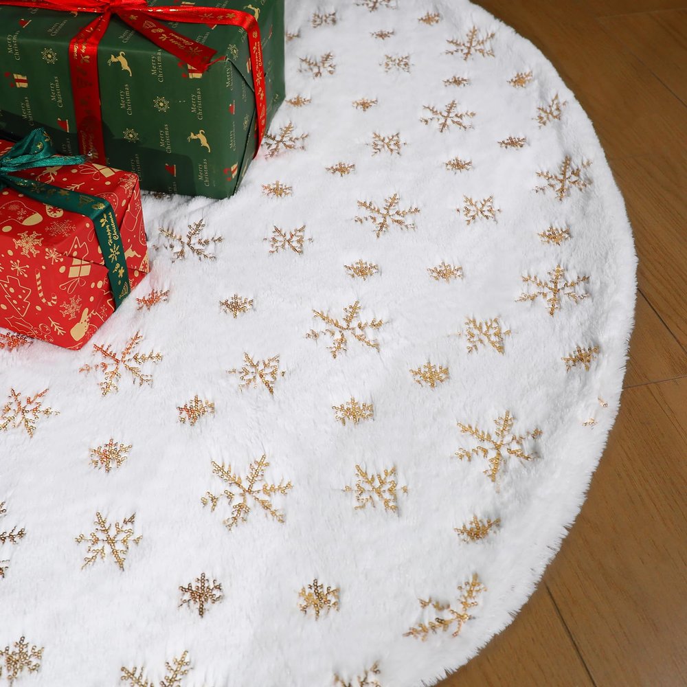 Christmas Tree Skirts - Vonhen 72 inches Large Faux Fur Christmas Tree Skirt for Merry Christmas Party Christmas Tree Decoration with Sequin Gold Snowflakes