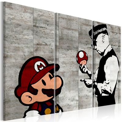 artgeist Textured Canvas Wall Art Banksy Super Mario Mushroom Cop 53x35 in - 3pcs Painting Canvas Prints Picture Artwork Image Framed Contemporary Wall Street Art Graffiti Urban Concrete i-C-0097-b-e