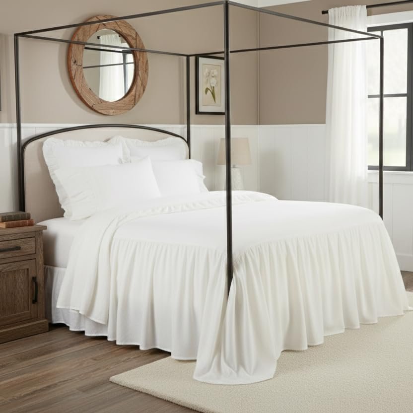 Piper Classics Elizabeth Ruffled Bedspread, Twin Size, Skirted on 3 Sides, Antique Soft White, Lightweight, Farmhouse Style Bedding