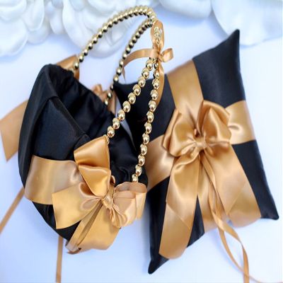 Flower Girl Basket and Ring Bearer Pillow Set Black Gold Wedding Basket Gold Ring Pillow Wedding Ring Pillow Gold Pearl Handle Baske (Other, 3 Baskets)