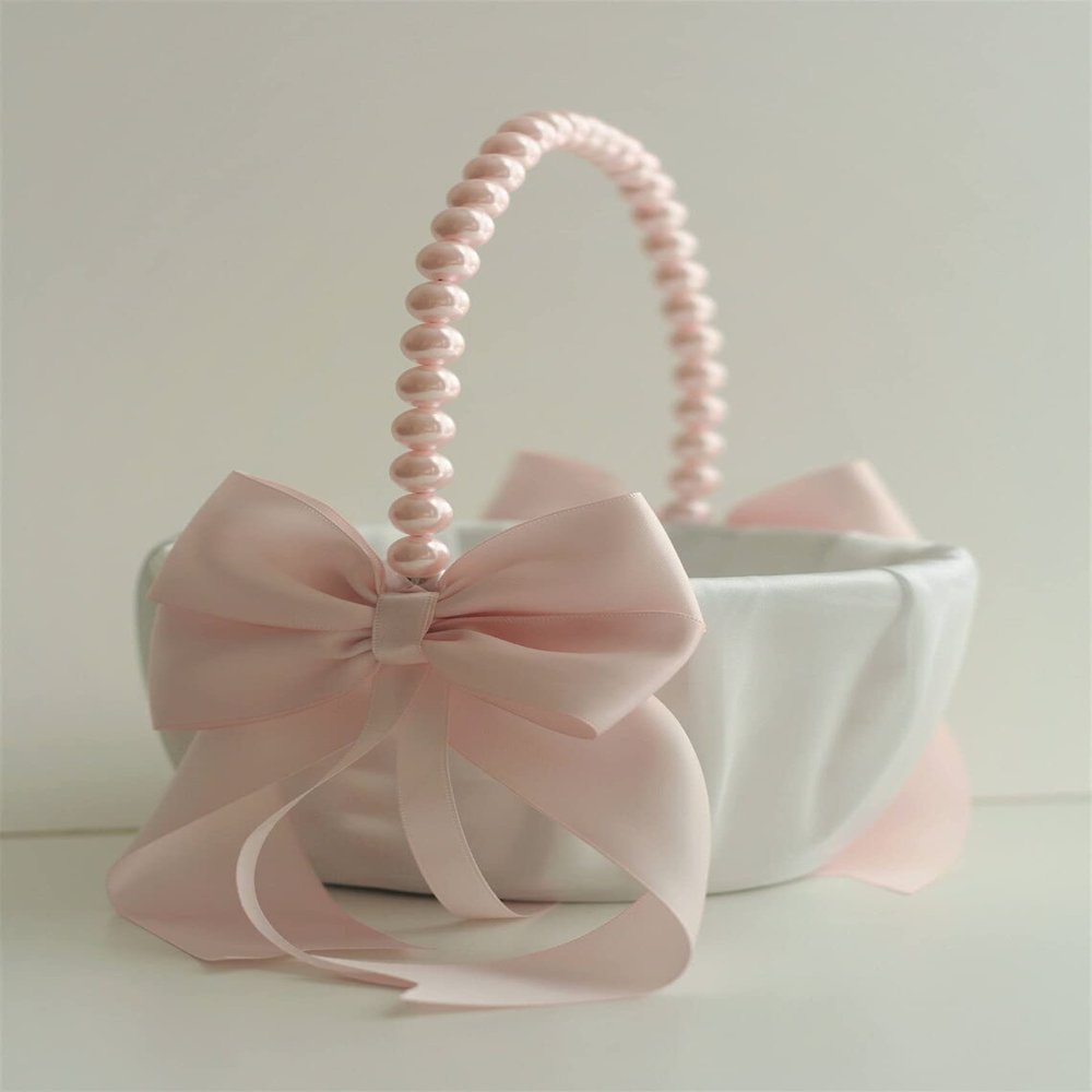 Pink Wedding Basket/Pink Flower Girl Basket/Blush pink Basket/Pearl handle basket/Pink handle basket/Pearl Wedding basket (4 Baskets)