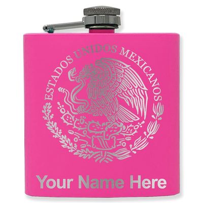 6oz Stainless Steel Flask, Flag of Mexico, Personalized Engraving Included (Pink)