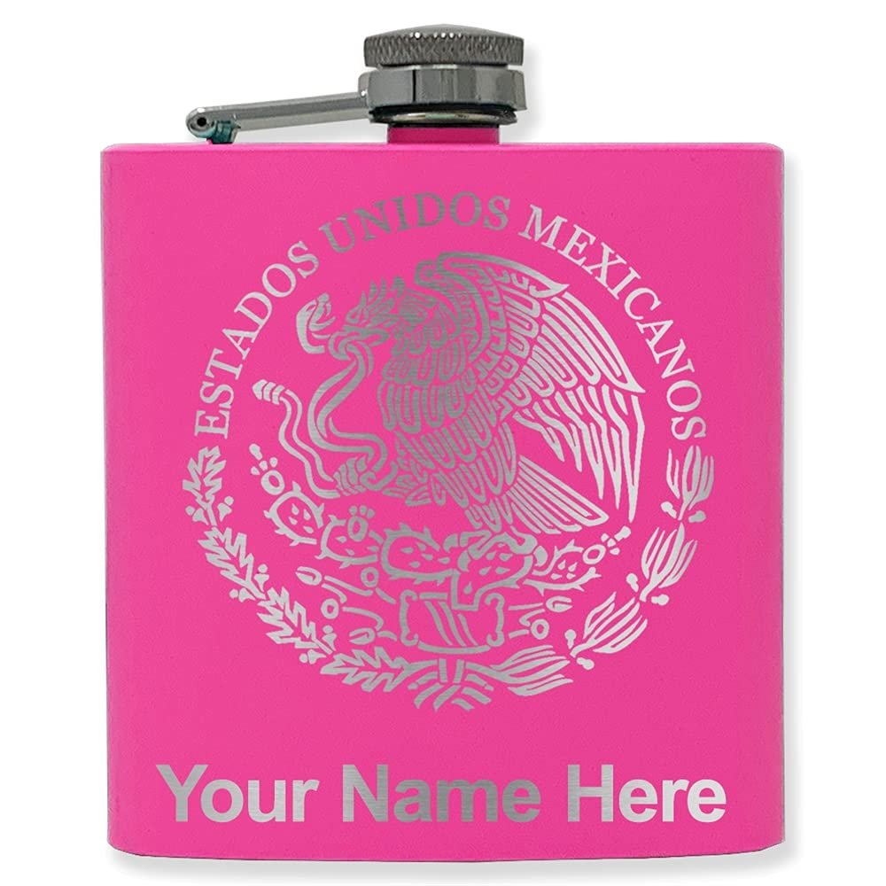 6oz Stainless Steel Flask, Flag of Mexico, Personalized Engraving Included (Pink)