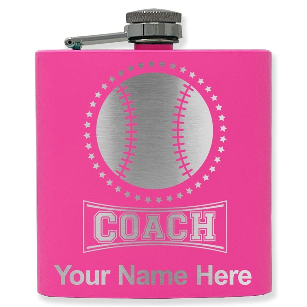 6oz Stainless Steel Flask, Baseball Coach, Personalized Engraving Included (Pink)