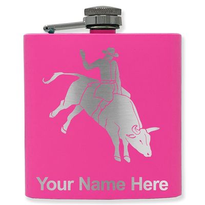 6oz Stainless Steel Flask, Bull Rider Cowboy, Personalized Engraving Included (Pink)
