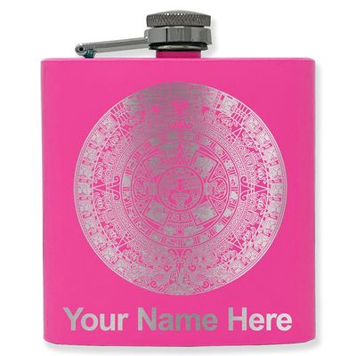 6oz Stainless Steel Flask, Aztec Calendar, Personalized Engraving Included (Pink)