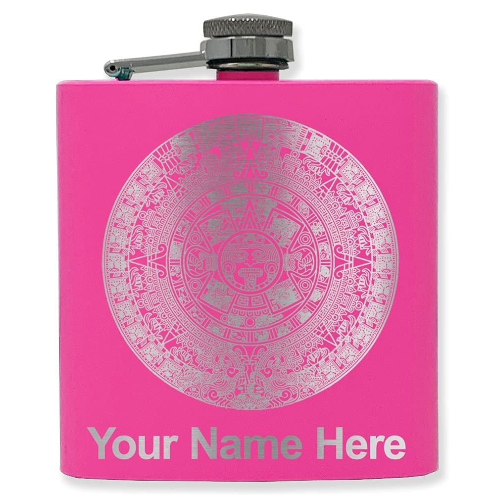 6oz Stainless Steel Flask, Aztec Calendar, Personalized Engraving Included (Pink)