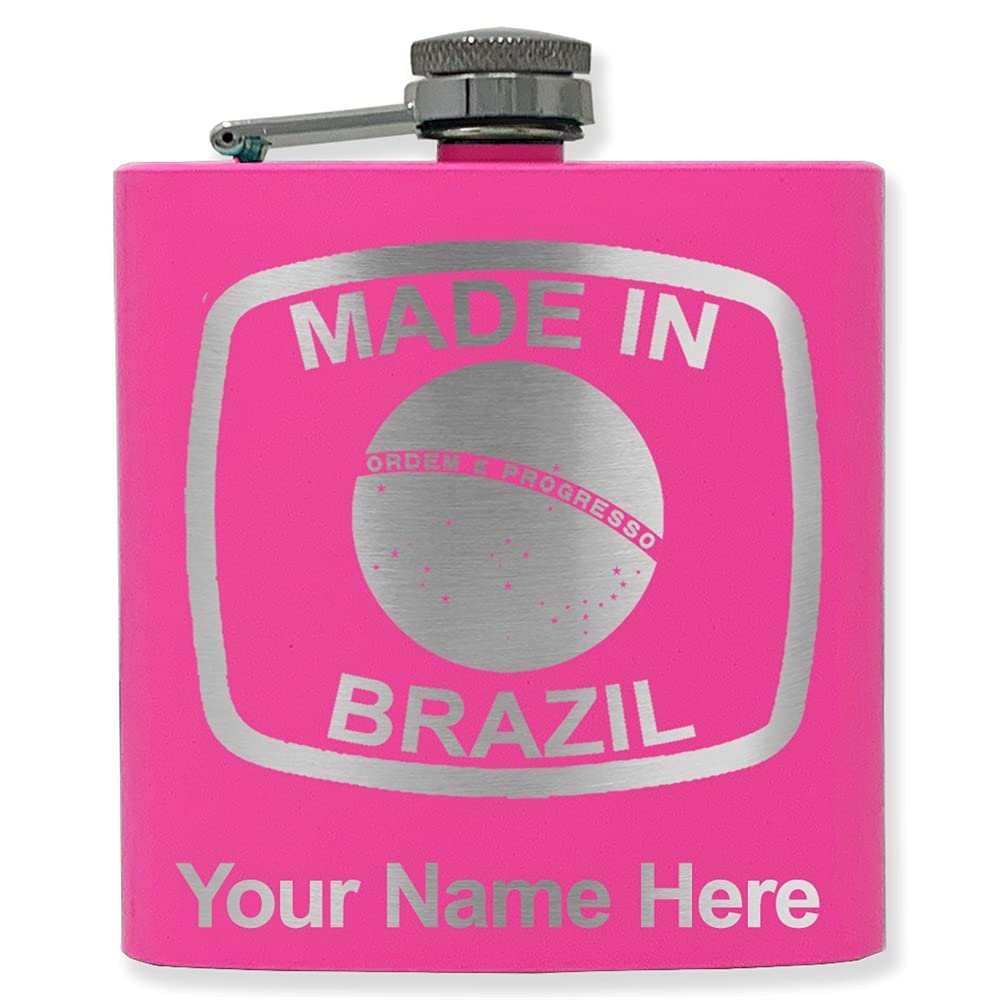 6oz Stainless Steel Flask, Made in Brazil, Personalized Engraving Included (Pink)