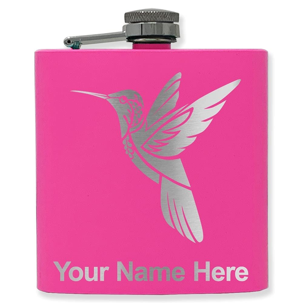 6oz Stainless Steel Flask, Hummingbird, Personalized Engraving Included (Pink)