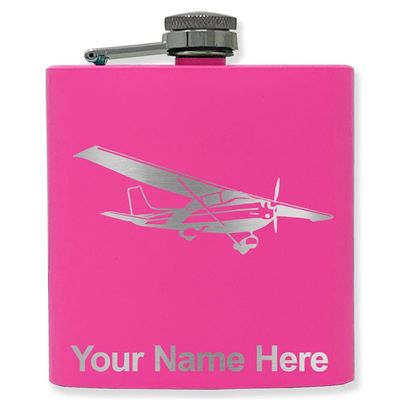 6oz Stainless Steel Flask, High Wing Airplane, Personalized Engraving Included (Pink)