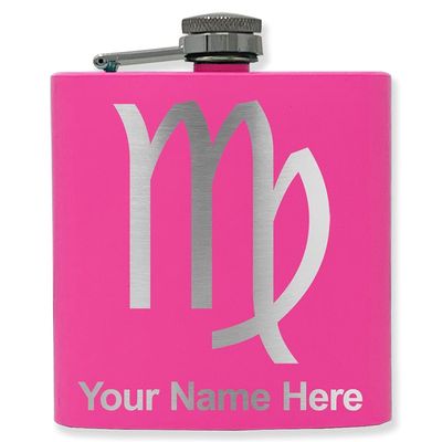 6oz Stainless Steel Flask, Zodiac Sign Virgo, Personalized Engraving Included (Pink)