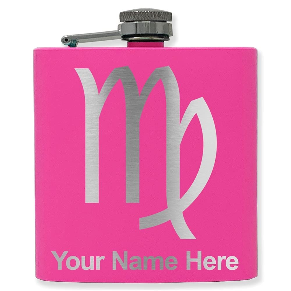 6oz Stainless Steel Flask, Zodiac Sign Virgo, Personalized Engraving Included (Pink)