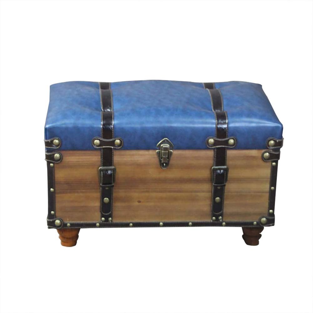 DANADESK Retro Wooden Storage Ottoman Footstool, Industrial Style Storage Bench Shoes Change Stool Small Upholstered seat Bed end Stool-Blue L