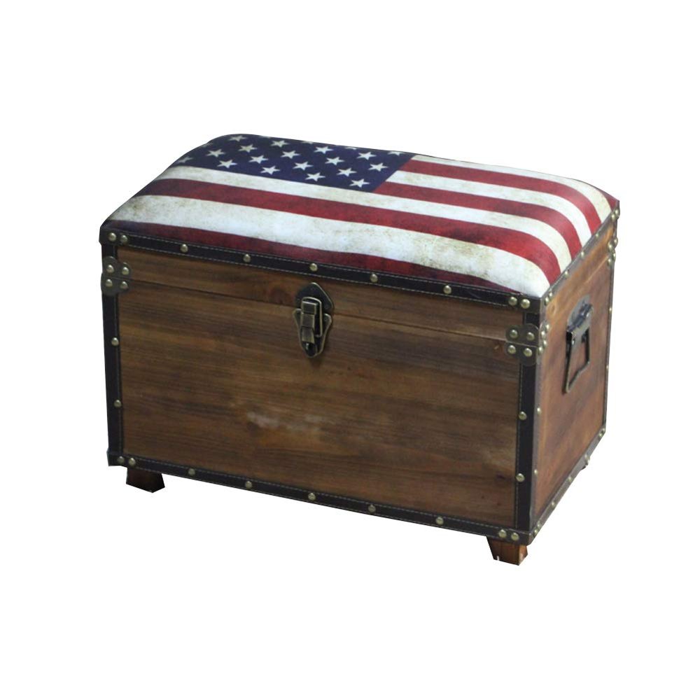 DANADESK Retro Wooden Storage Ottoman Footstool, Industrial Style Storage Bench Shoes Change Stool Small Upholstered seat Bed end Stool-America S