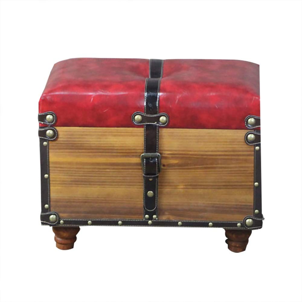 DANADESK Retro Wooden Storage Ottoman Footstool, Industrial Style Storage Bench Shoes Change Stool Small Upholstered seat Bed end Stool-red S